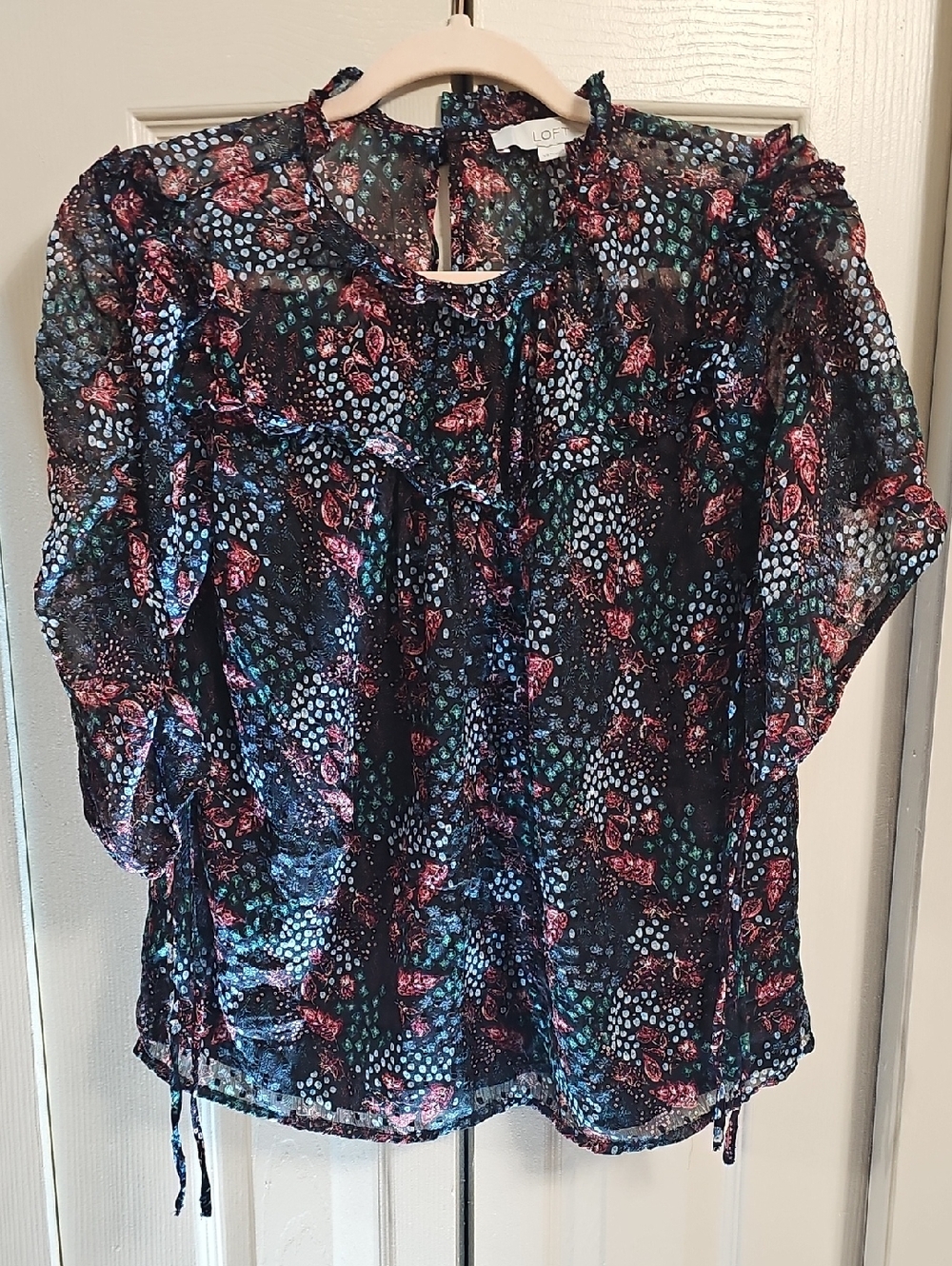 LOFT Black Sheer Floral Ruffle Blouse with Pink & Teal Accents